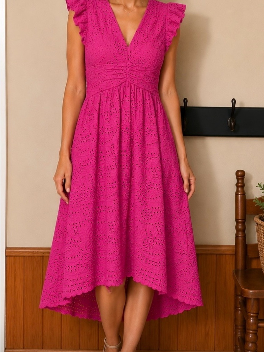 Maggy London Fuchsia Eyelet High-Low V-Neck Dress